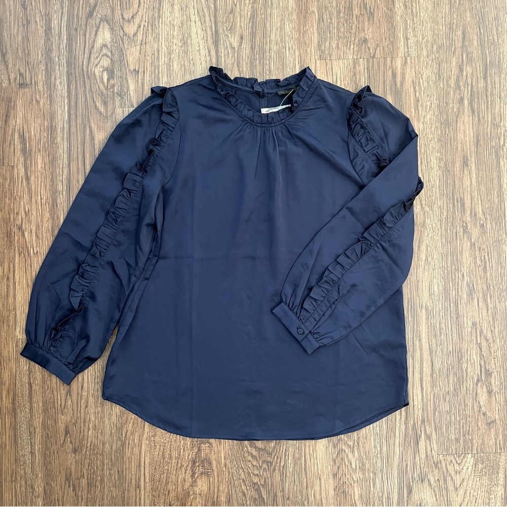 NWT J.Crew Satin-Crepe Ruffle-Sleeve Blouse Navy Blue Medium - Work to Evening